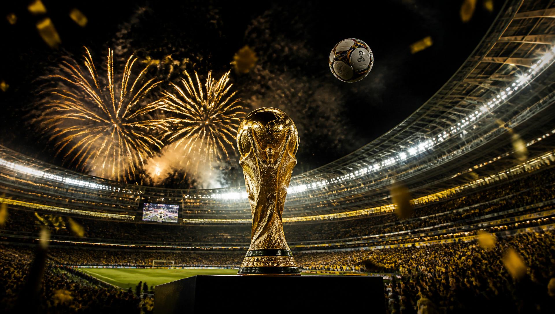 World Cup trophy on the pitch with fireworks lighting up a packed stadium